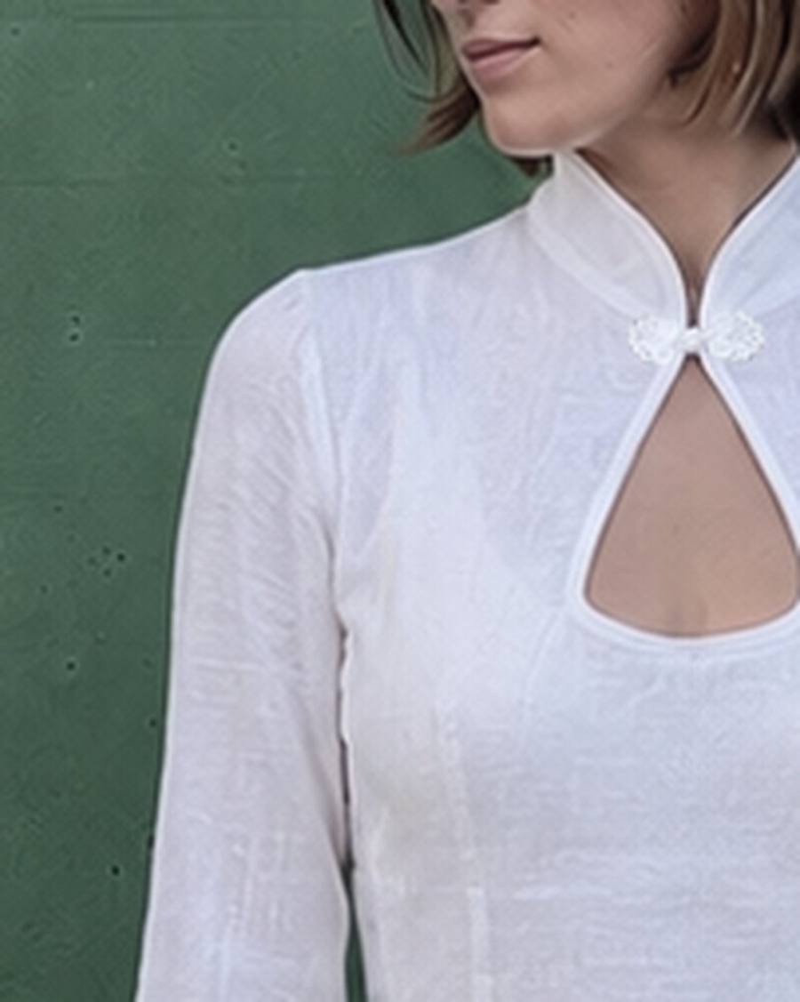 Yumeji Classic Linen Blouse, Long Sleeve, worn, at the bust