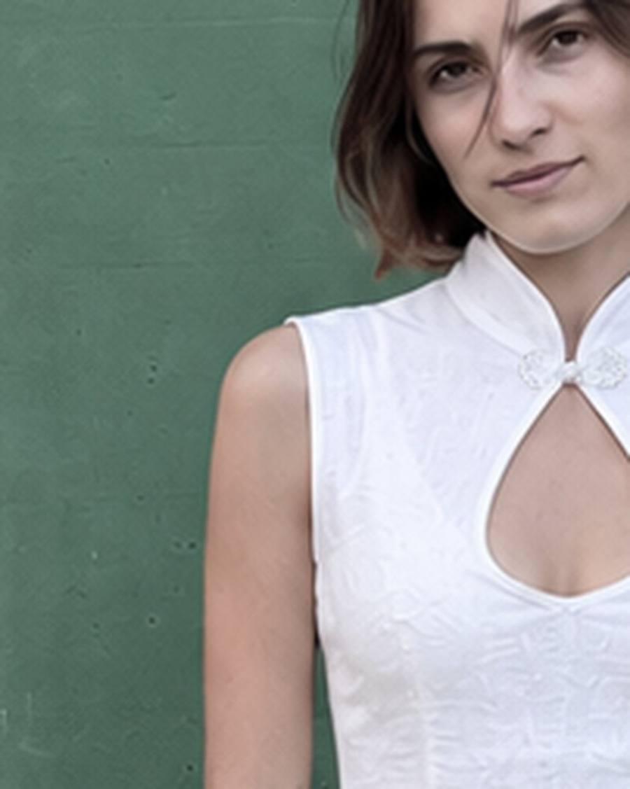 Yumeji Classic Linen Blouse, Sleeveless, worn, at the bust