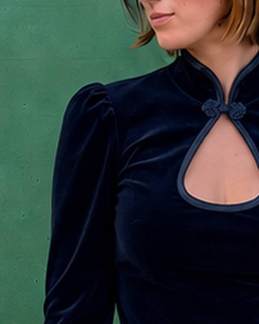 Yumeji Classic Velvet Blouse, Long Sleeve, worn, at the bust