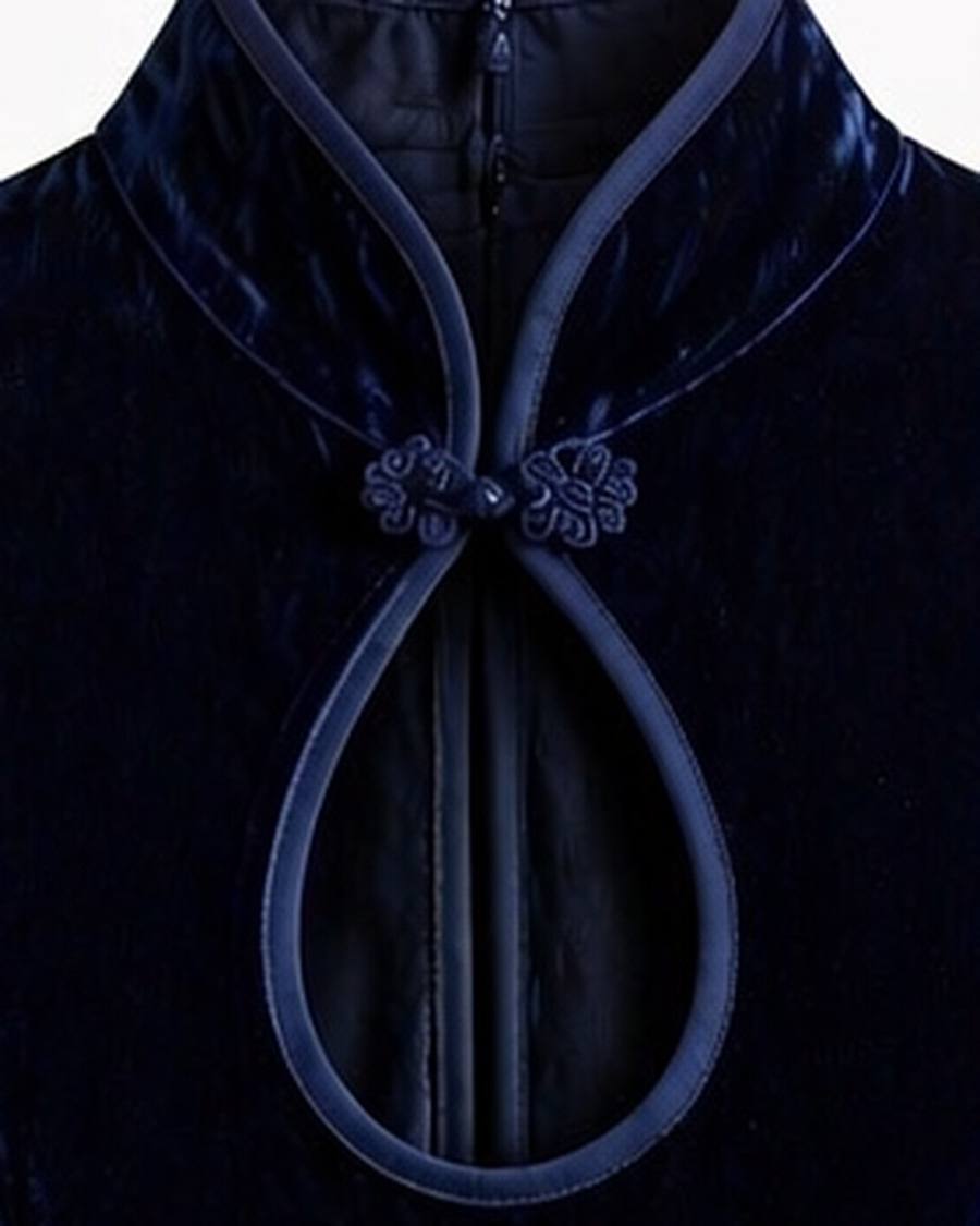 Yumeji Classic Velvet Dress, Long Sleeve, collar and fastening in close up