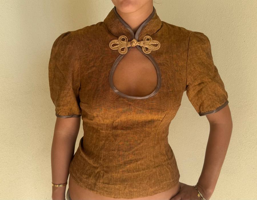 Yumeji Classic Linen Blouse, Short Sleeve, Mustard