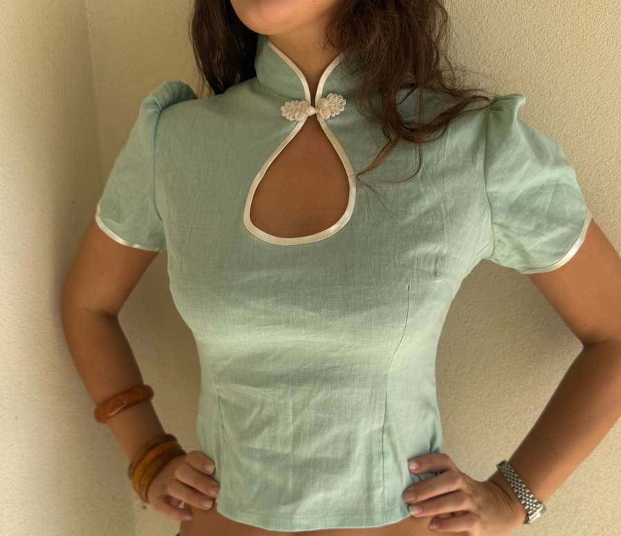 Yumeji Classic Linen Blouse, Short Sleeve, Powder Blue