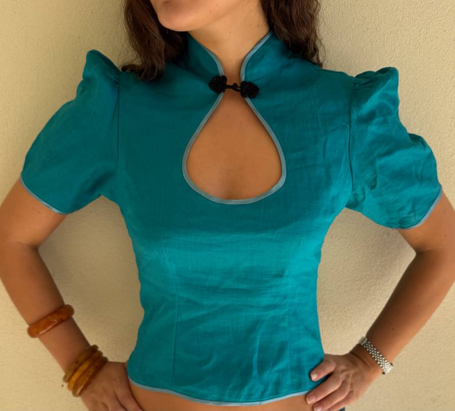 Yumeji Classic Linen Blouse, Short Sleeve, Turquoise