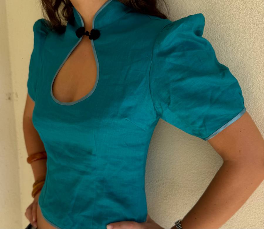 Yumeji Classic Linen Blouse, Short Sleeve, Turquoise