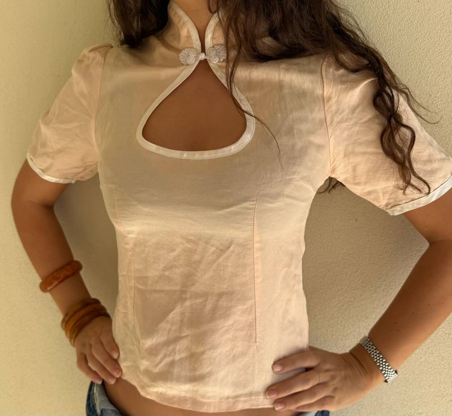 Yumeji Classic Linen Blouse, Short Sleeve, cream-pink