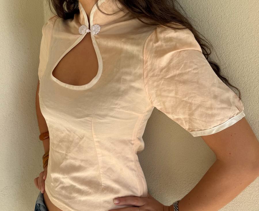 Yumeji Classic Linen Blouse, Short Sleeve, cream-pink