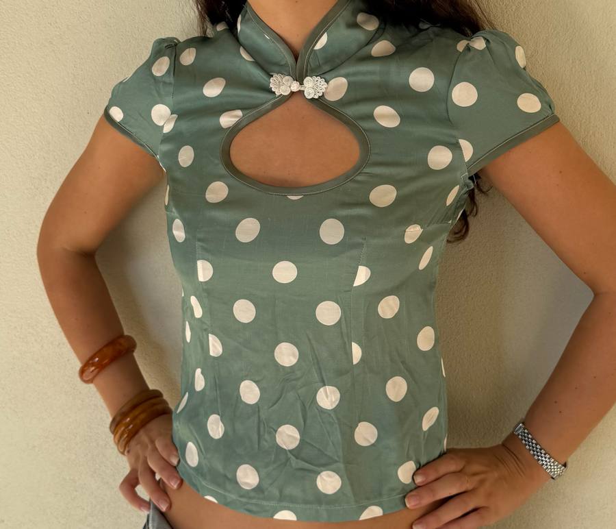 Yumeji Dalmata Blouse, Short Sleeve, Light Green with Big White Dots