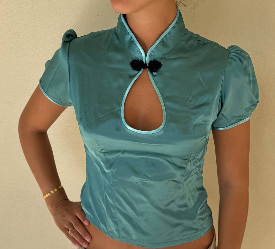 Yumeji Classic Silk Blouse, Short Sleeve, Turquoise