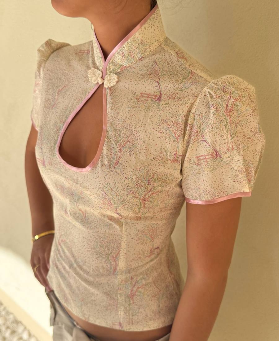 Yumeji Lilibet Blouse, Short Sleeve, Cream and Pink