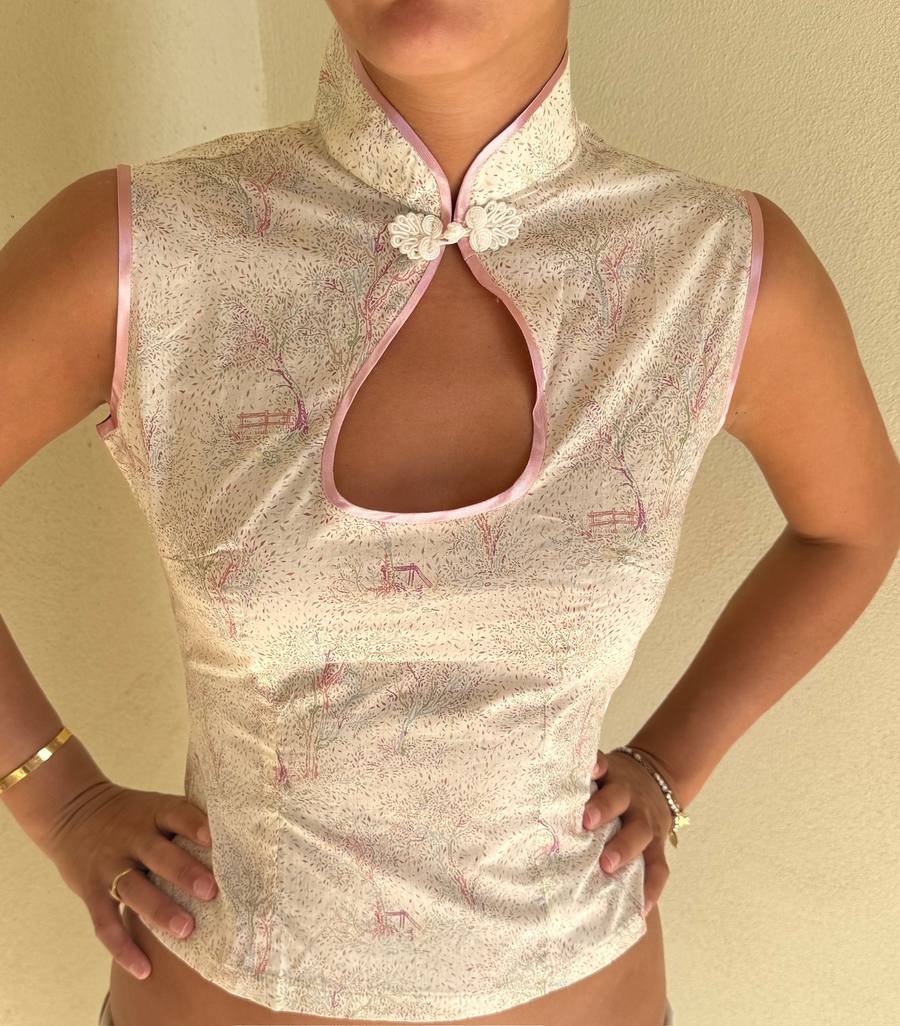 Yumeji Lilibet Blouse, Sleeveless, Cream and Pink
