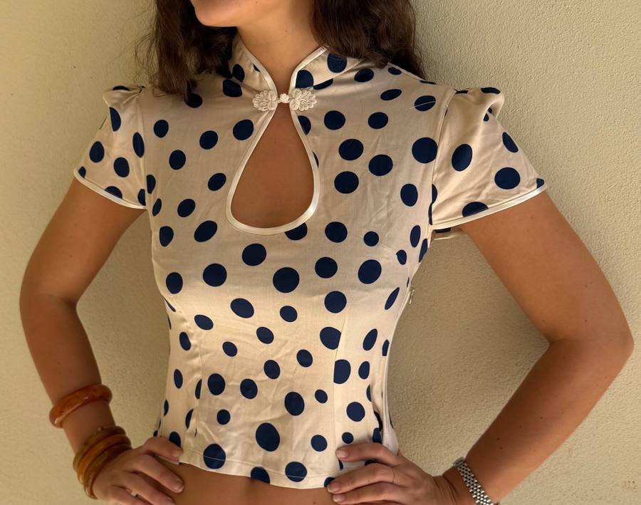 Yumeji Dalmata Blouse, Short Sleeve, White with Big Blue Dots