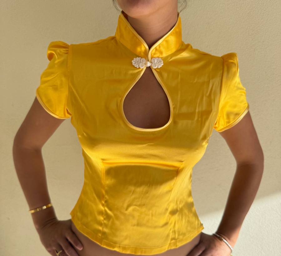 Yumeji Classic Silk Blouse, Short Sleeve, Yellow