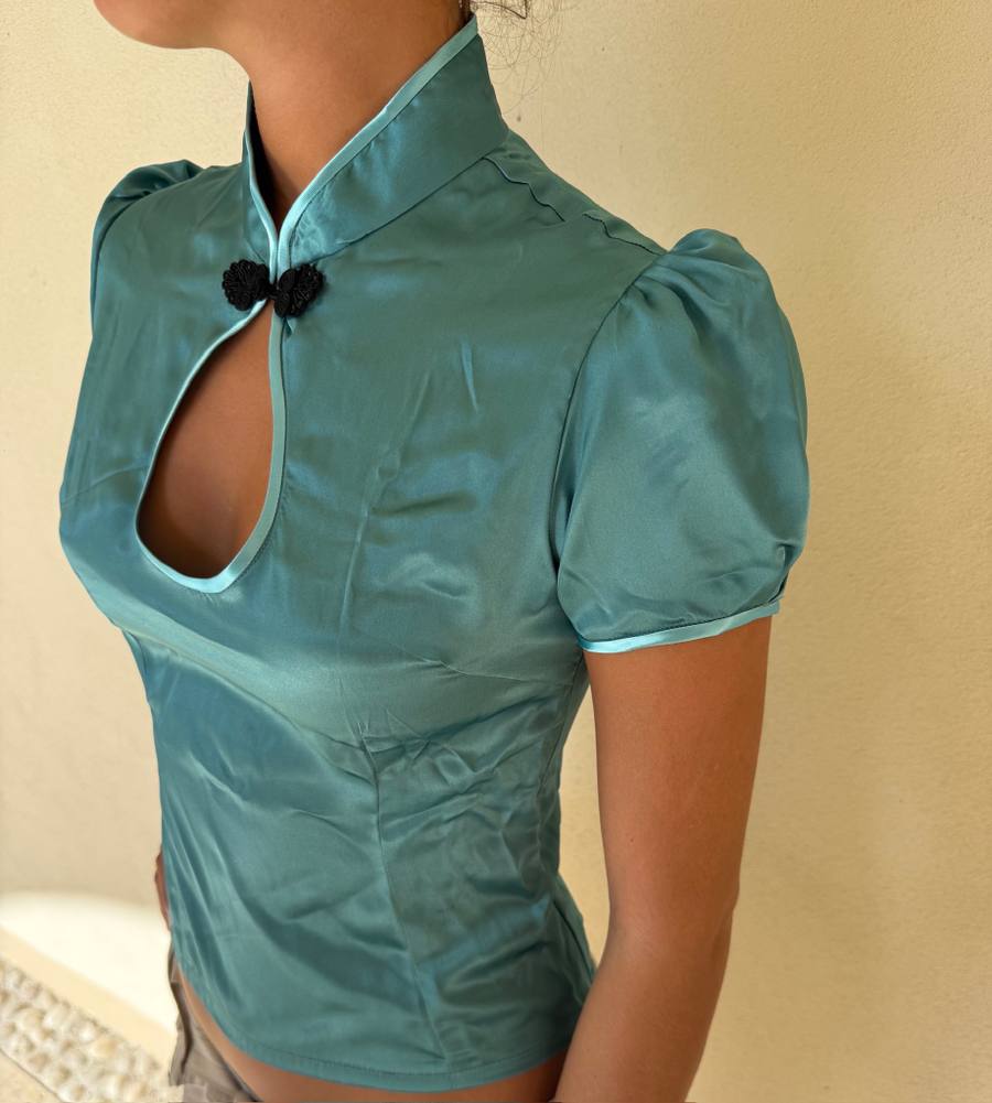 Yumeji Classic Silk Blouse, Short Sleeve, Turquoise