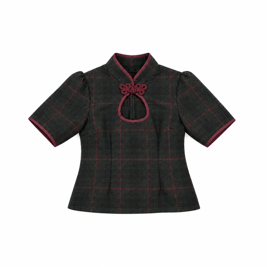 Yumeji Tartan Blouse in dark forest green wool tartan with burgundy lines, product and worn views